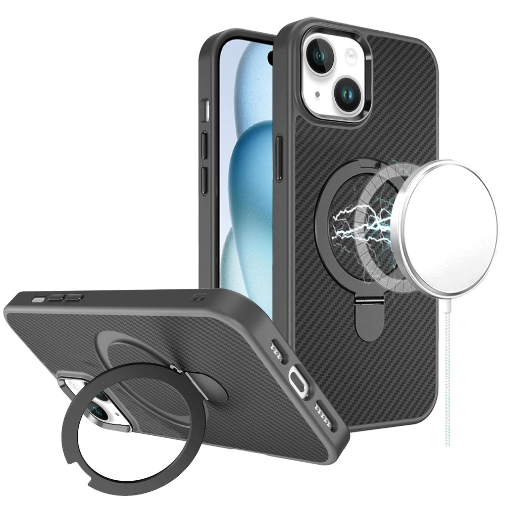 For iPhone 15 Case Carbon Fiber Print Ring Stand Circle Cover + 2 Tempered Glass