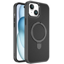 For iPhone 15 Case Carbon Fiber Print Ring Stand Circle Cover + 2 Tempered Glass