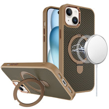 For iPhone 15 Case Carbon Fiber Print Ring Stand Circle Cover + 2 Tempered Glass