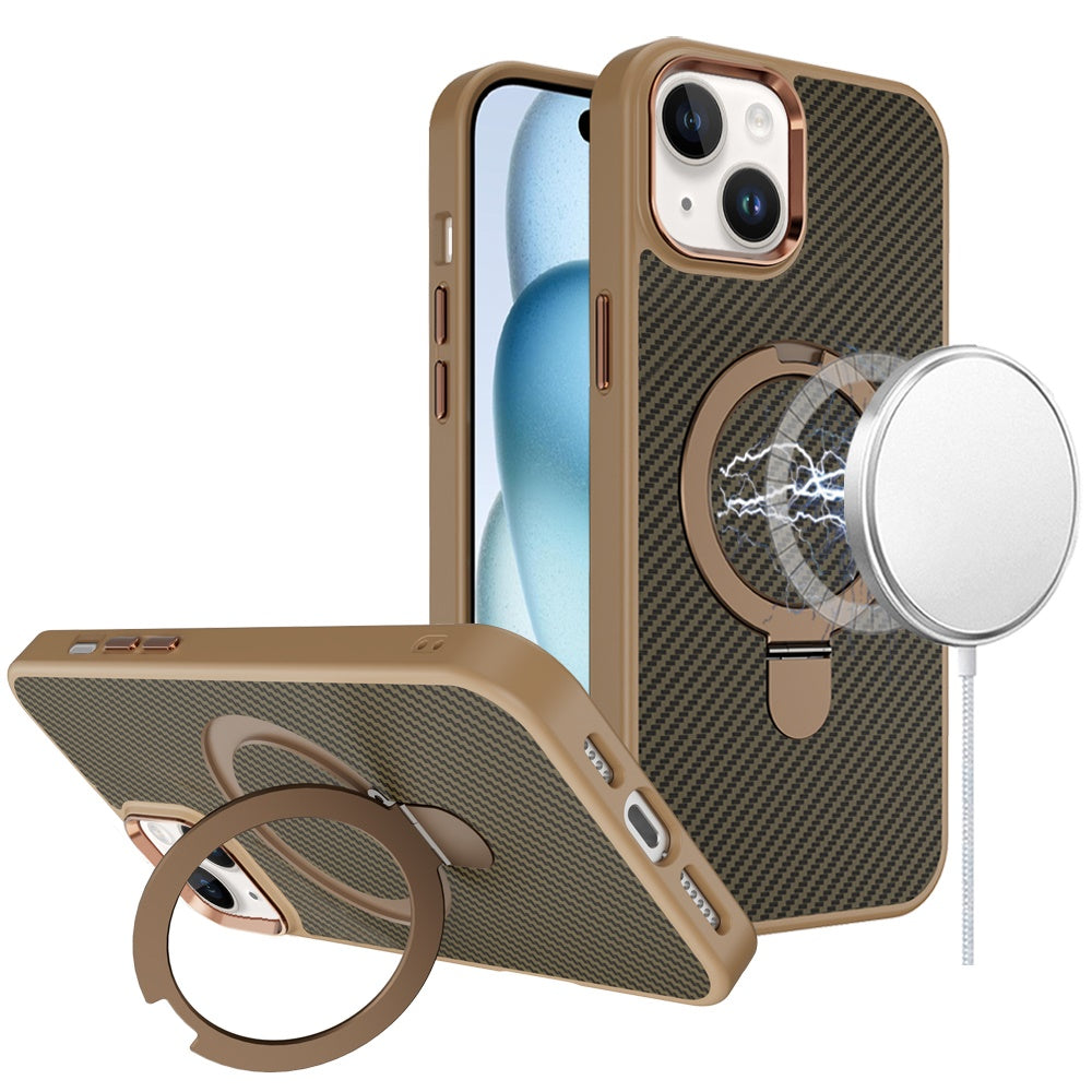 For iPhone 15 Case Carbon Fiber Print Ring Stand Circle Cover + 2 Tempered Glass