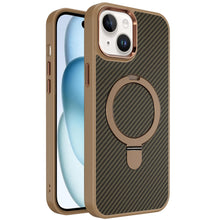 For iPhone 15 Case Carbon Fiber Print Ring Stand Circle Cover + 2 Tempered Glass