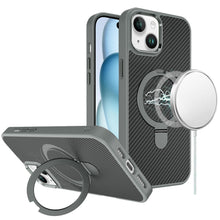 For iPhone 15 Case Carbon Fiber Print Ring Stand Circle Cover + 2 Tempered Glass