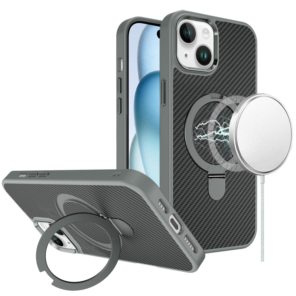 For iPhone 15 Case Carbon Fiber Print Ring Stand Circle Cover + 2 Tempered Glass