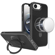 For iPhone 16e Case Carbon Fiber Print Metal Ring Stand Circle + Tempered Glass