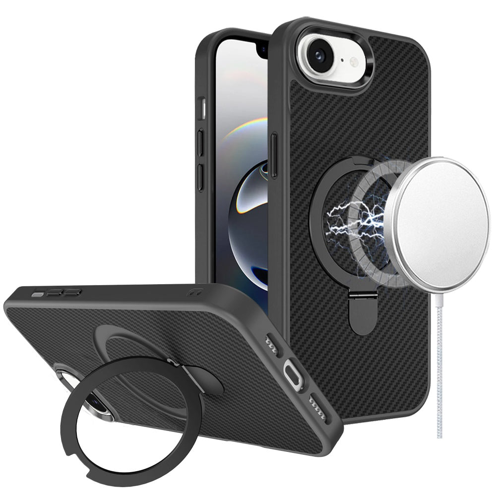 For iPhone 16e Case Carbon Fiber Print Metal Ring Stand Circle + Tempered Glass