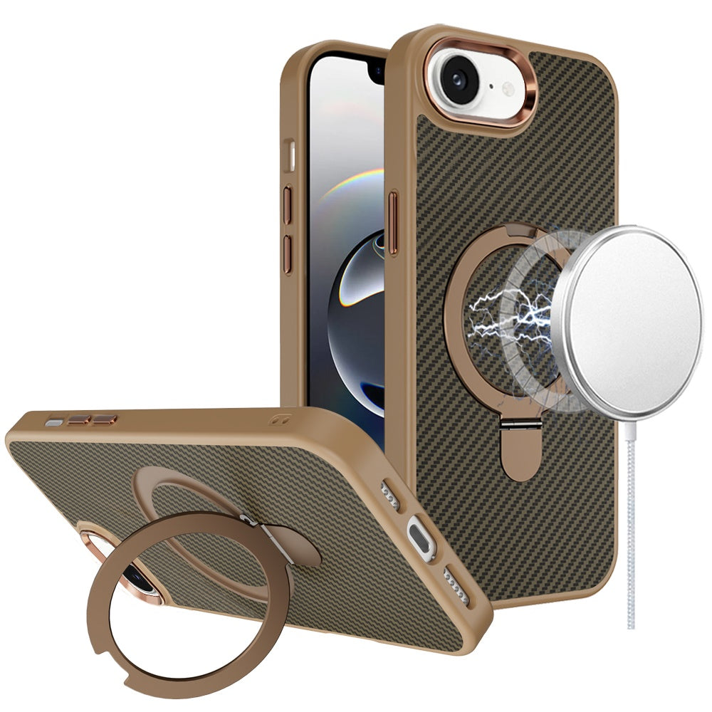 For iPhone 16e Case Carbon Fiber Print Metal Ring Stand Circle + Tempered Glass