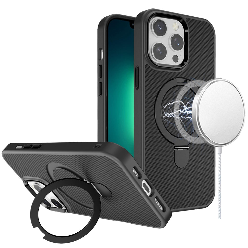 For iPhone 13 Pro Max 6.7 inch Case Carbon Fiber Print Magnetic RingStand Circle