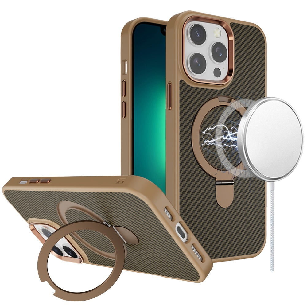 For iPhone 13 Pro Max 6.7 inch Case Carbon Fiber Print Magnetic RingStand Circle