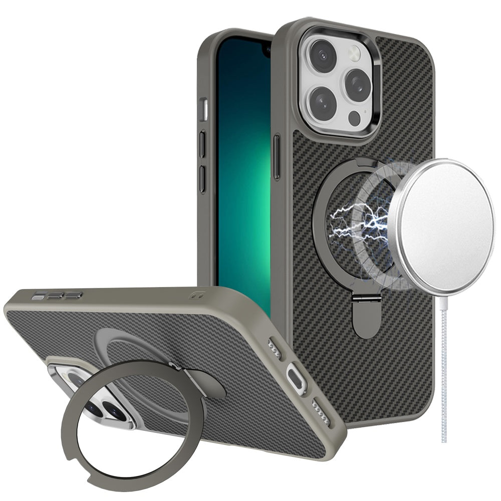 For iPhone 13 Pro Max 6.7 inch Case Carbon Fiber Print Magnetic RingStand Circle