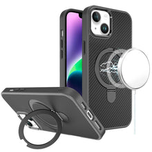 For iPhone 13/14 Case Carbon Fiber Print Ring Stand Circle + Tempered Glass