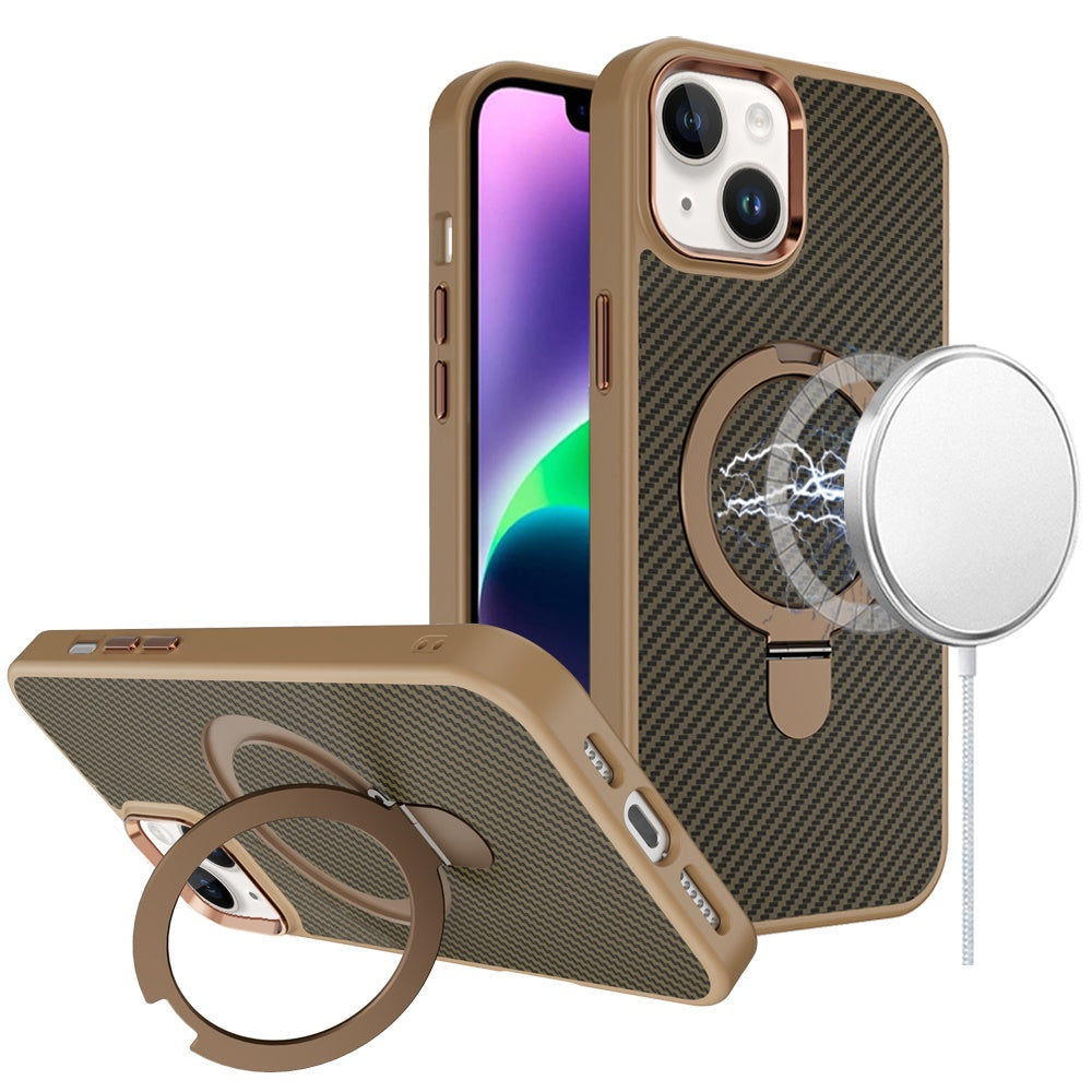 For iPhone 13/14 Case Carbon Fiber Print Ring Stand Circle + Tempered Glass