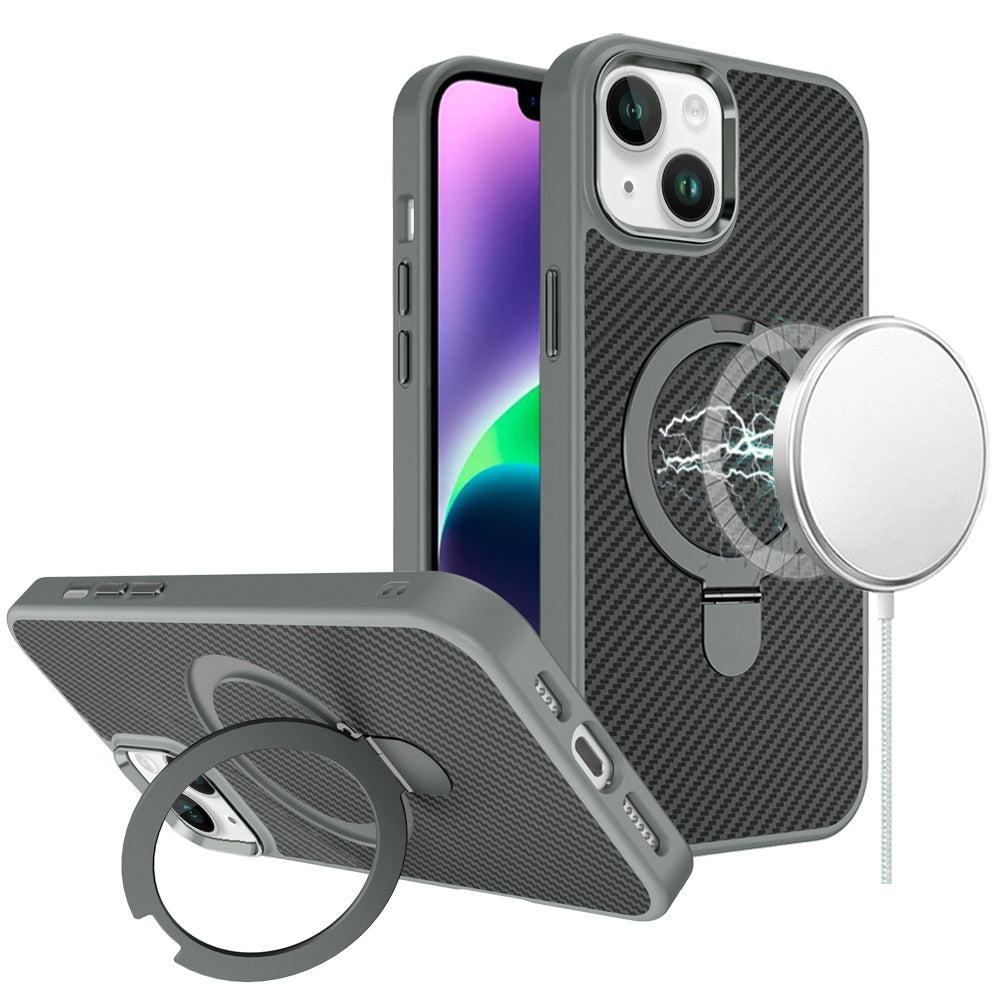 For iPhone 13/14 Case Carbon Fiber Print Ring Stand Circle + Tempered Glass