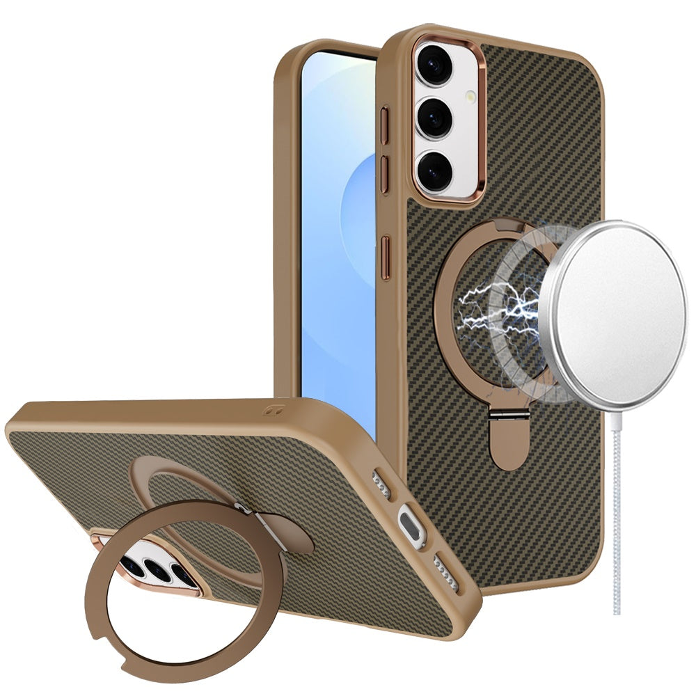 For Samsung S25/S24 Case Carbon Fiber Print Ring Stand Circle + Tempered Glass