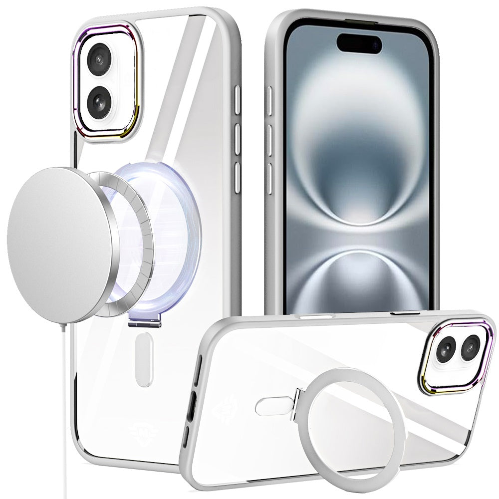 For iPhone 16 6.1inch Case Magnetic Circle RingStand Chrome + Tempered Glass