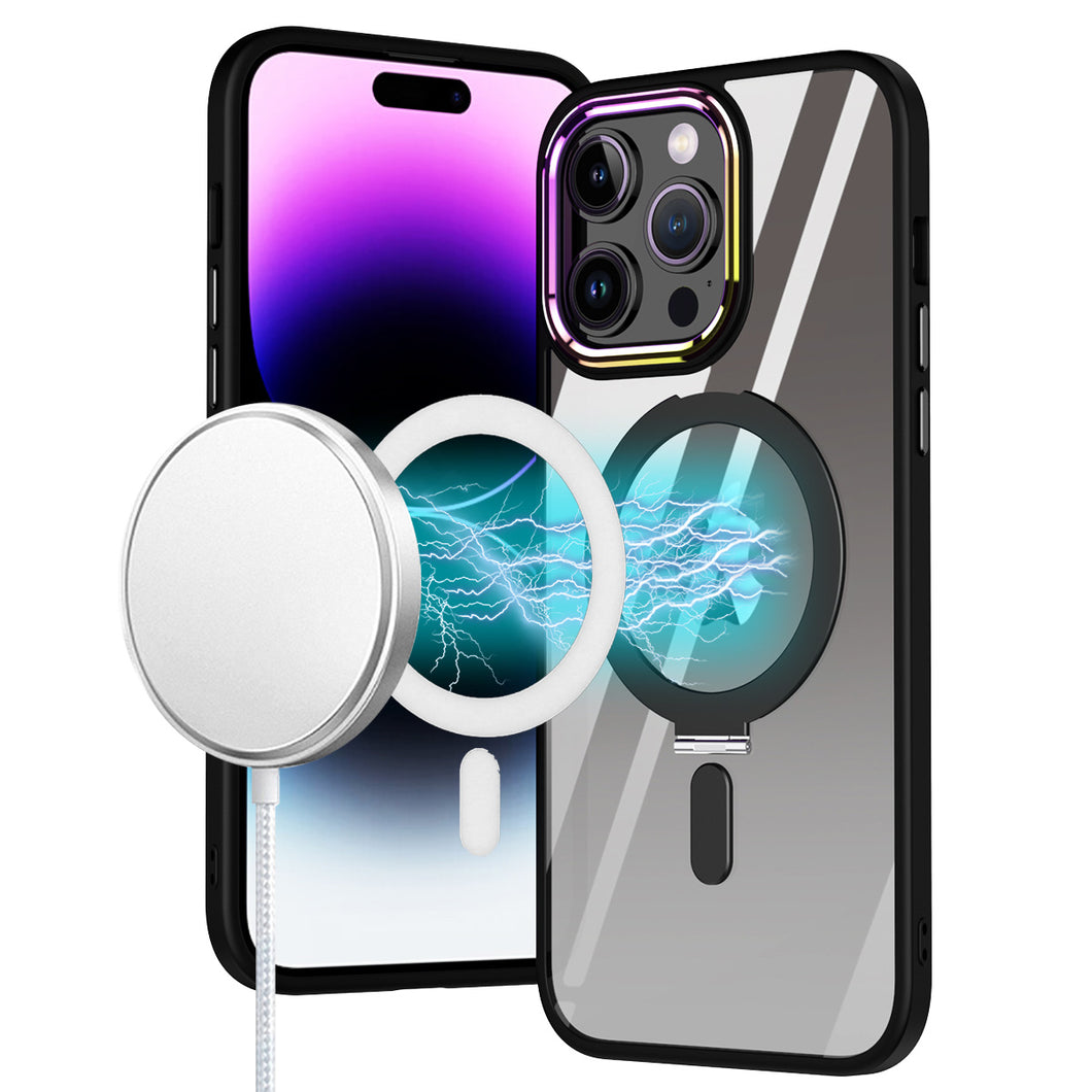 For iPhone 12 Pro Max Case Magnetic Circle Stand Chrome Clear + Tempered Glass