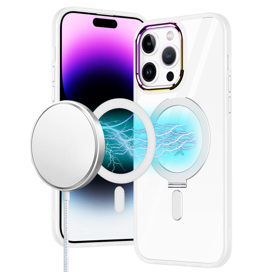 For iPhone 12 Pro Max Case Magnetic Circle Stand Chrome Clear + Tempered Glass