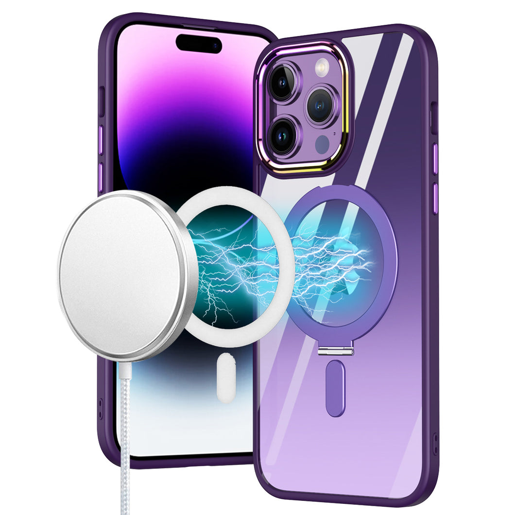For iPhone 12 Pro Max Case Magnetic Circle Stand Chrome Clear + Tempered Glass