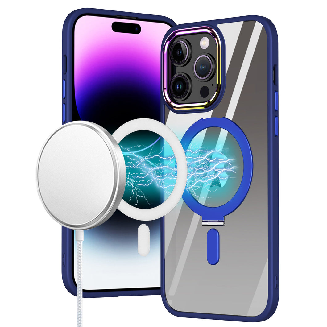 For iPhone 12 Pro Max Case Magnetic Circle Stand Chrome Clear + Tempered Glass