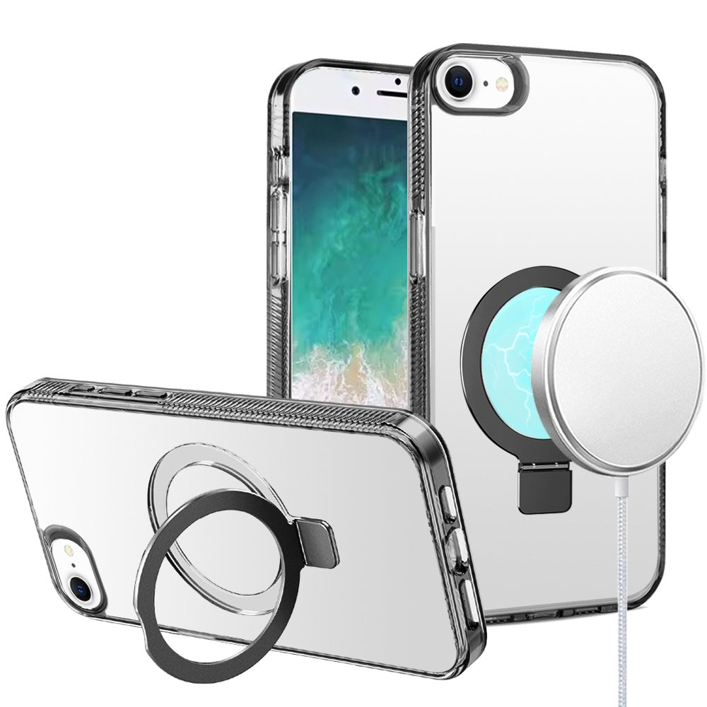 For iPhone 16e Case Magnetic Circle w/ Stand Translucent Grip + Tempered Glass