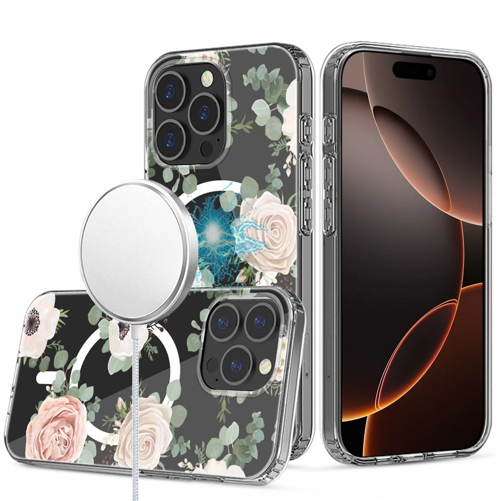 For iPhone 16 PRO MAX Case Floral Print Clear Magnetic Circle + Tempered Glass