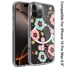 For iPhone 16 PRO MAX Case Floral Print Clear Magnetic Circle + Tempered Glass