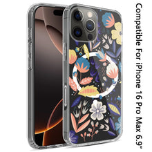 For iPhone 16 PRO MAX Case Floral Print Clear Magnetic Circle + Tempered Glass