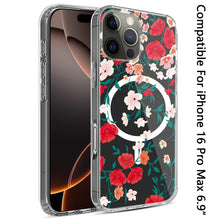 For iPhone 16 PRO MAX Case Floral Print Clear Magnetic Circle + Tempered Glass