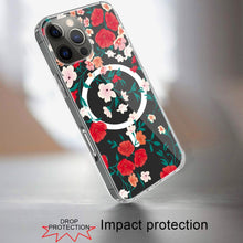 For iPhone 16 PRO MAX Case Floral Print Clear Magnetic Circle + Tempered Glass