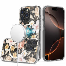 For iPhone 16 PRO MAX Case Floral Print Clear Magnetic Circle + Tempered Glass