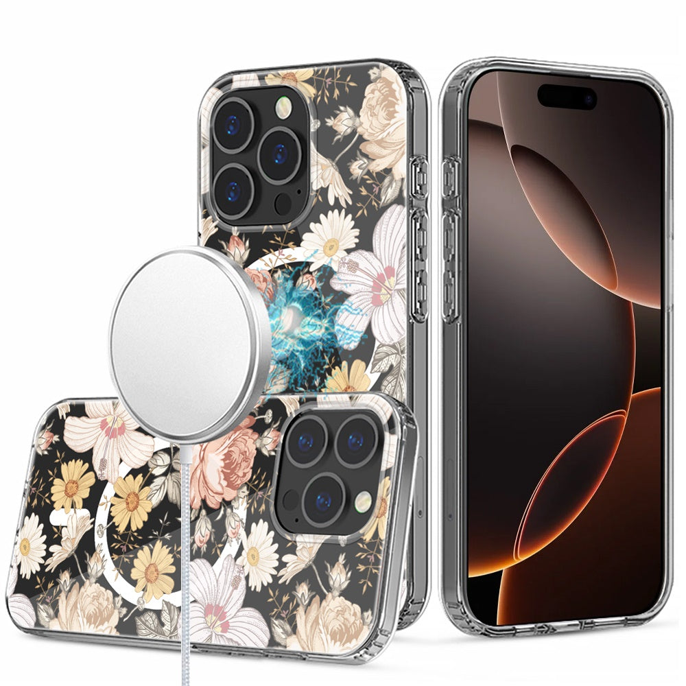 For iPhone 16 PRO MAX Case Floral Print Clear Magnetic Circle + Tempered Glass