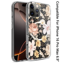 For iPhone 16 PRO MAX Case Floral Print Clear Magnetic Circle + Tempered Glass