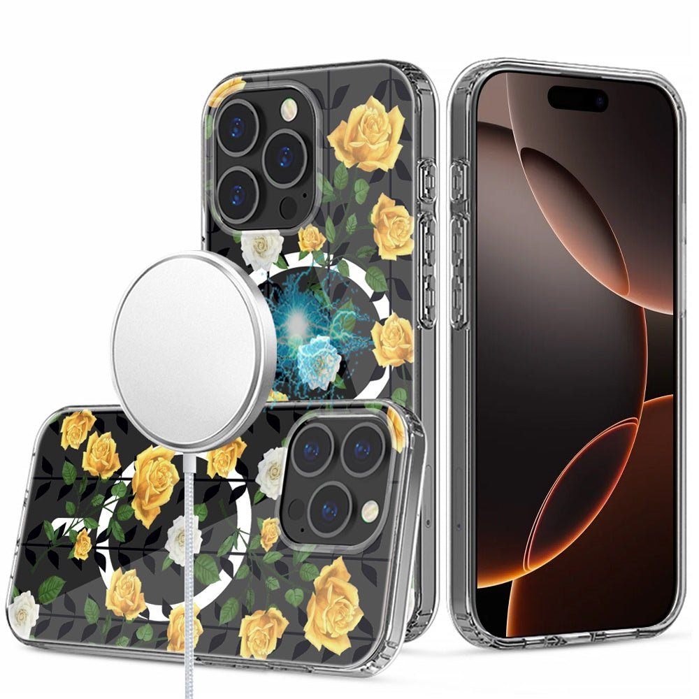 For iPhone 16 PRO MAX Case Floral Print Clear Magnetic Circle + Tempered Glass