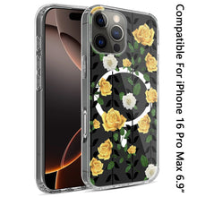 For iPhone 16 PRO MAX Case Floral Print Clear Magnetic Circle + Tempered Glass