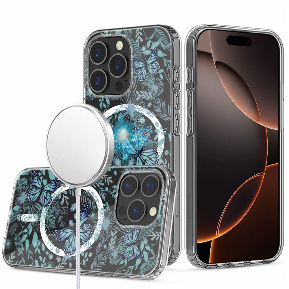 For iPhone 16 PRO MAX Case Floral Print Clear Magnetic Circle + Tempered Glass