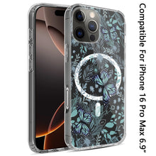 For iPhone 16 PRO MAX Case Floral Print Clear Magnetic Circle + Tempered Glass