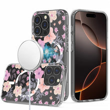 For iPhone 16 PRO MAX Case Floral Print Clear Magnetic Circle + Tempered Glass