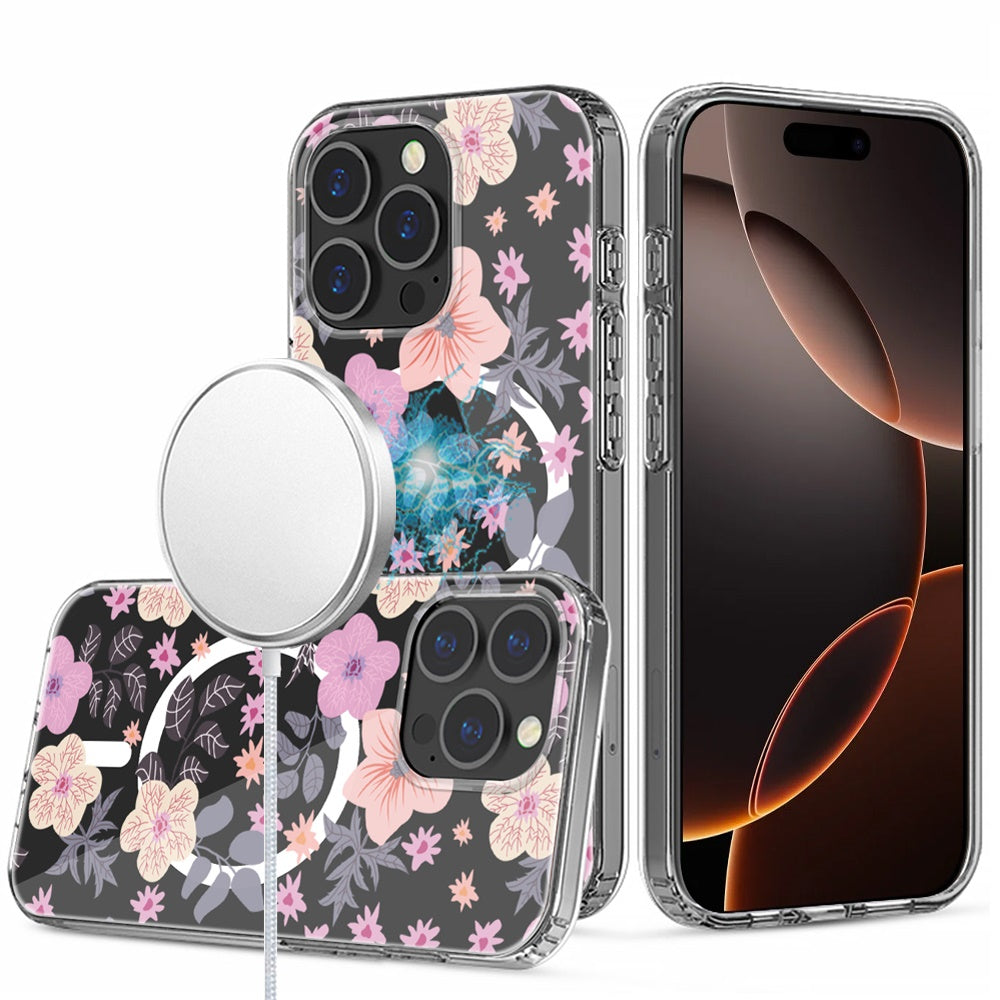 For iPhone 16 PRO MAX Case Floral Print Clear Magnetic Circle + Tempered Glass