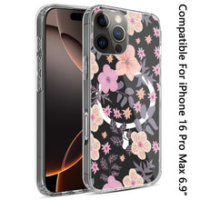 For iPhone 16 PRO MAX Case Floral Print Clear Magnetic Circle + Tempered Glass