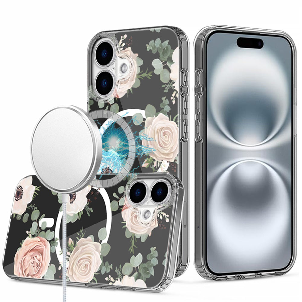 For iPhone 16 Plus 6.7in Case Floral Print Clear Magnetic Circle +Tempered Glass