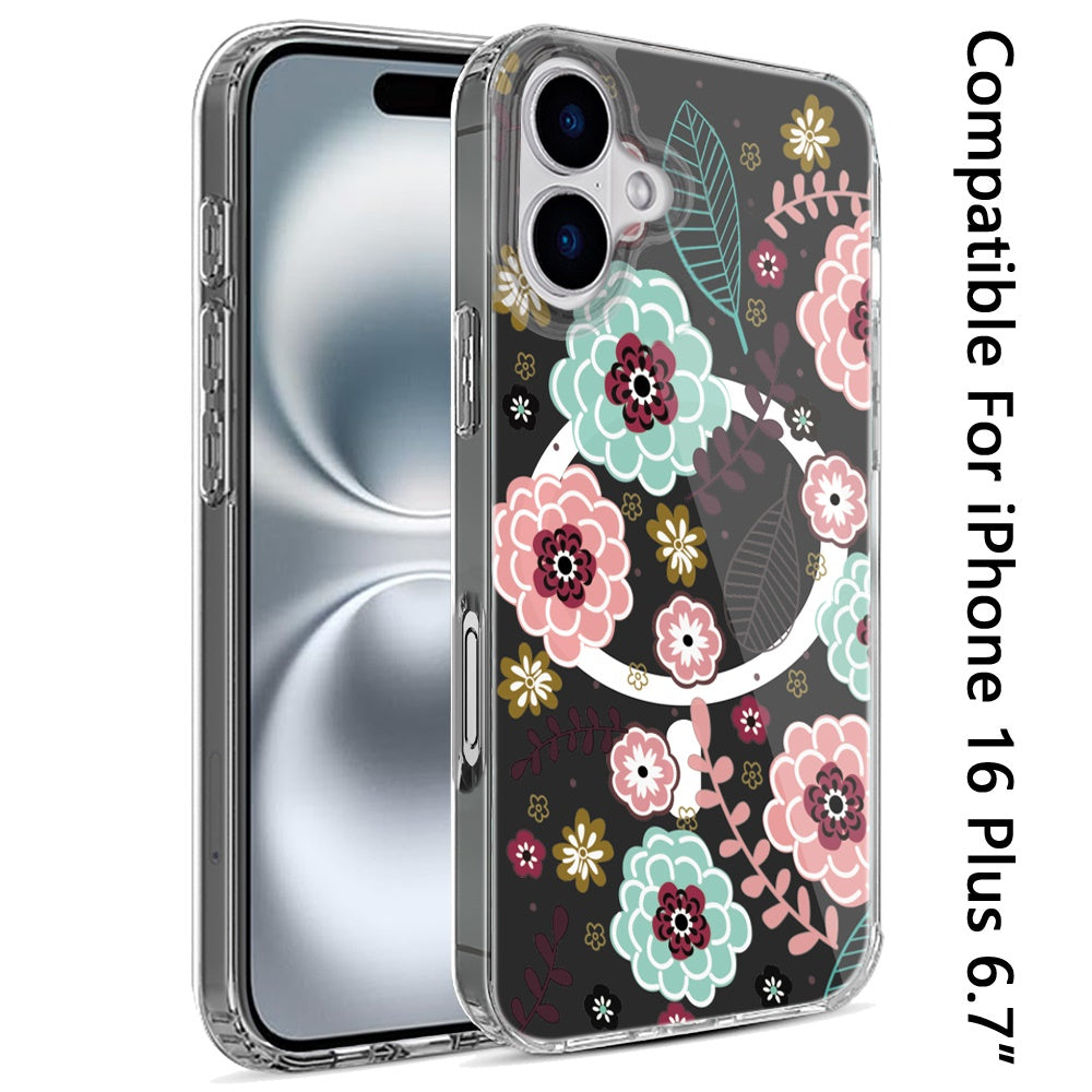For iPhone 16 Plus 6.7in Case Floral Print Clear Magnetic Circle +Tempered Glass