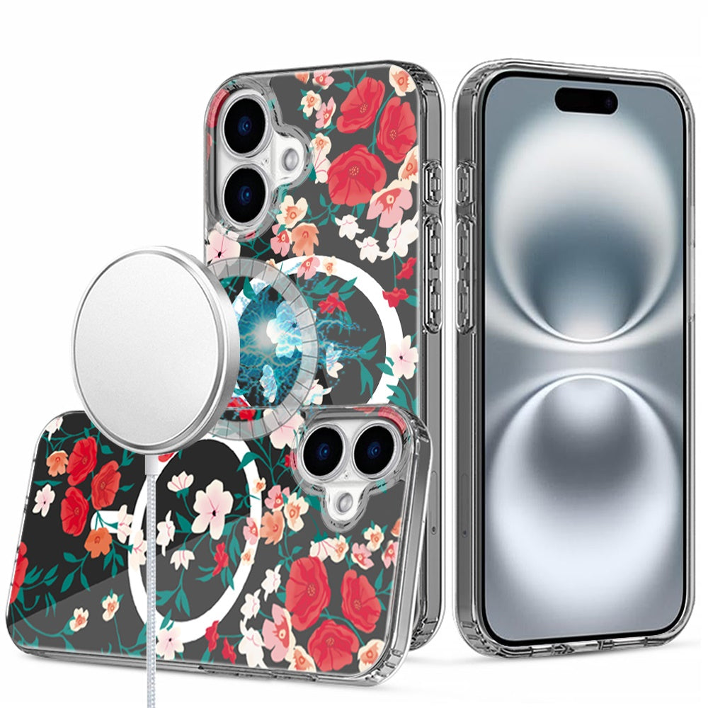For iPhone 16 Plus 6.7in Case Floral Print Clear Magnetic Circle +Tempered Glass