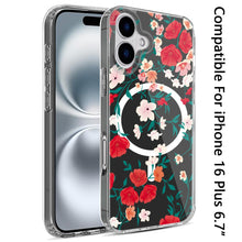 For iPhone 16 Plus 6.7in Case Floral Print Clear Magnetic Circle +Tempered Glass