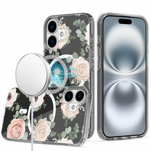 For iPhone 16 6.1inch Case Floral Print Clear Magnetic Circle + Tempered Glass