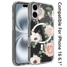 For iPhone 16 6.1inch Case Floral Print Clear Magnetic Circle + Tempered Glass