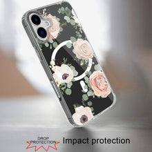 For iPhone 16 6.1inch Case Floral Print Clear Magnetic Circle + Tempered Glass