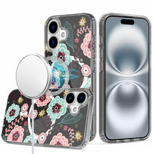 For iPhone 16 6.1inch Case Floral Print Clear Magnetic Circle + Tempered Glass