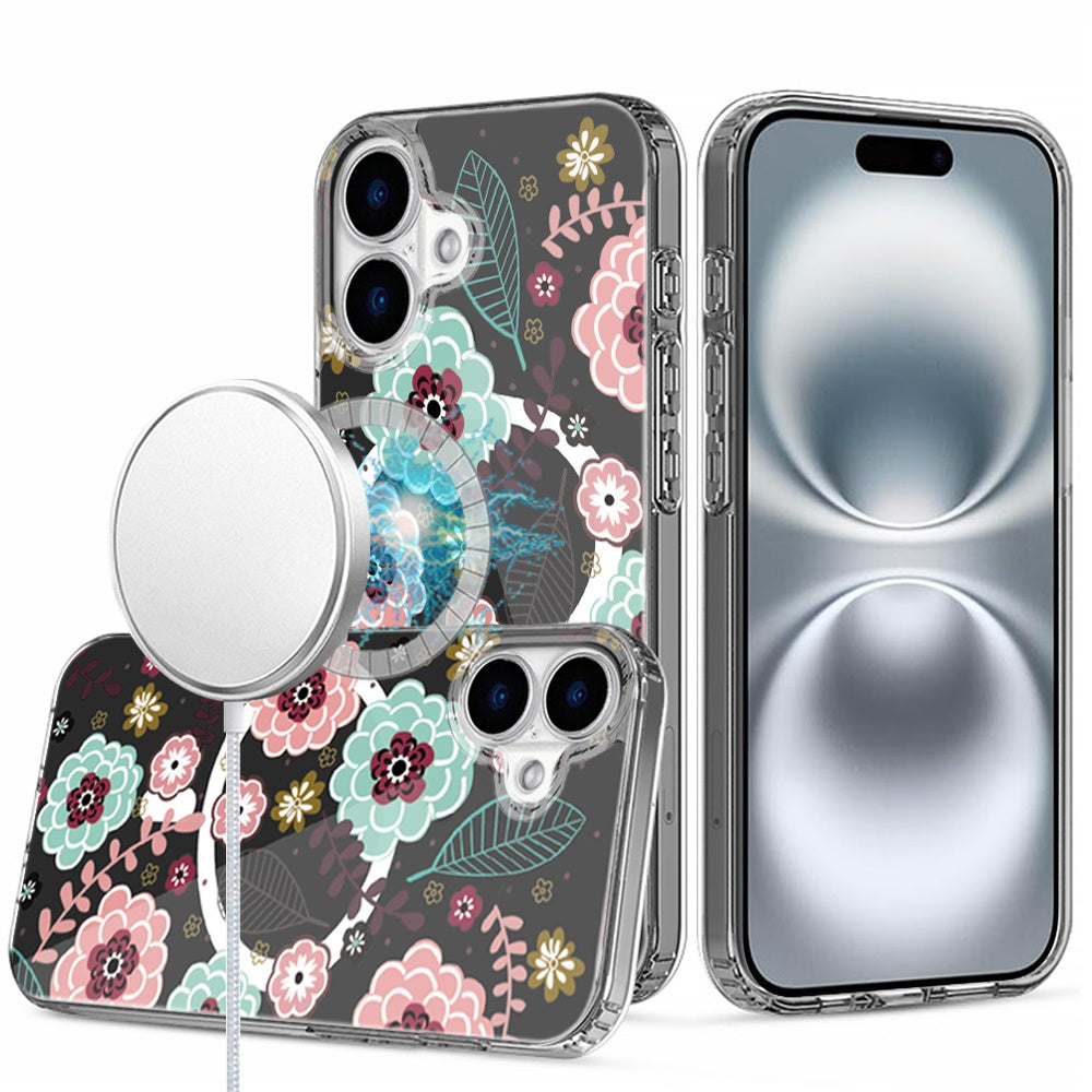 For iPhone 16 6.1inch Case Floral Print Clear Magnetic Circle + Tempered Glass