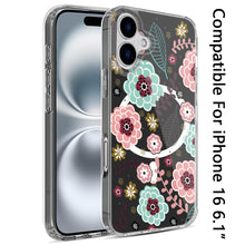 For iPhone 16 6.1inch Case Floral Print Clear Magnetic Circle + Tempered Glass