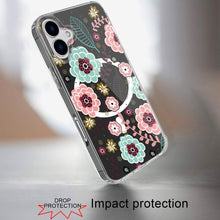 For iPhone 16 6.1inch Case Floral Print Clear Magnetic Circle + Tempered Glass
