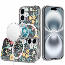 For iPhone 16 6.1inch Case Floral Print Clear Magnetic Circle + Tempered Glass